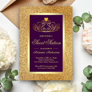 Gold Glitter Tiara Princess Purple Sweet Sixteen Invitation
