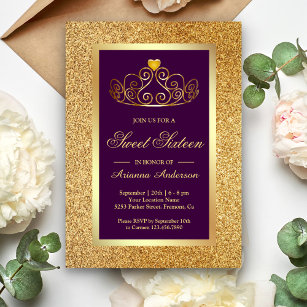 Gold Glitter Tiara Princess Purple Sweet Sixteen Invitation