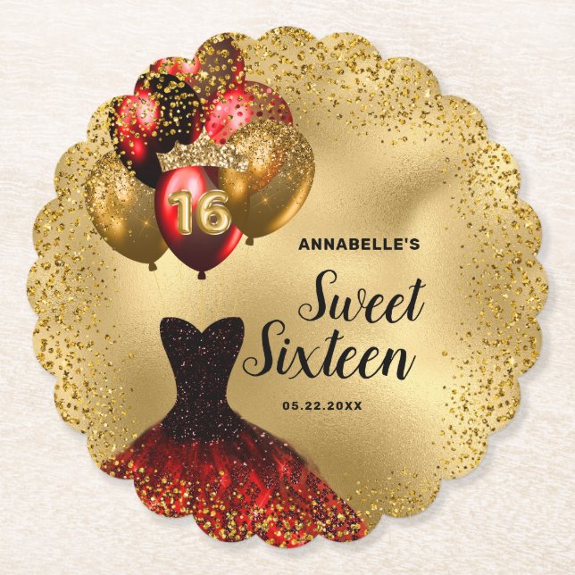 Gold Glitter Tiara Red Dress Sweet 16 Birthday Paper Coaster (Front)
