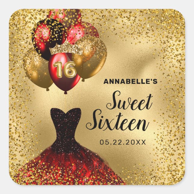 Gold Glitter Tiara Red Dress Sweet 16 Birthday Square Sticker (Front)