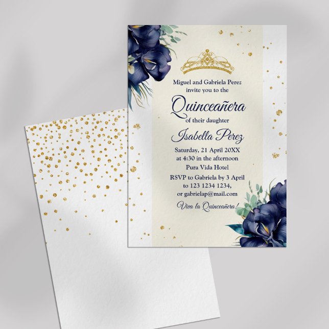 Gold Glitter Tiara Royal Blue Floral Quinceanera Invitation (Gold Glitter Tiara Royal Blue Floral Quinceanera Invitation on off-white background)