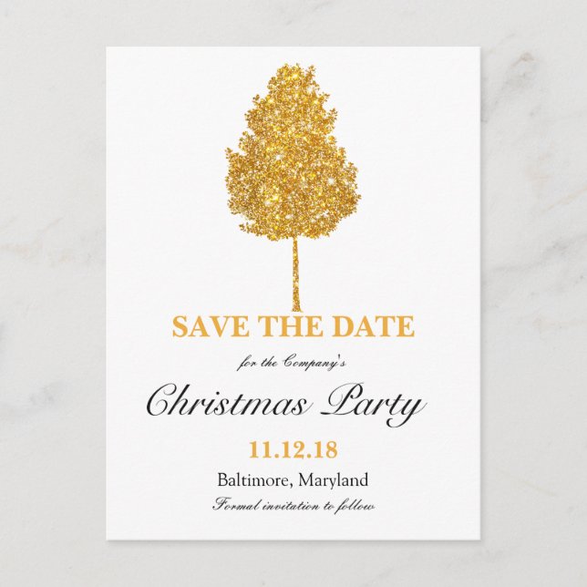 Gold Glitter Tree Christmas Party Save The Date Announcement Postcard (Front)