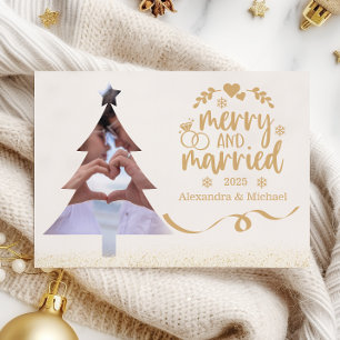 Gold Glitter Tree Photo Merry & Married  Holiday Card