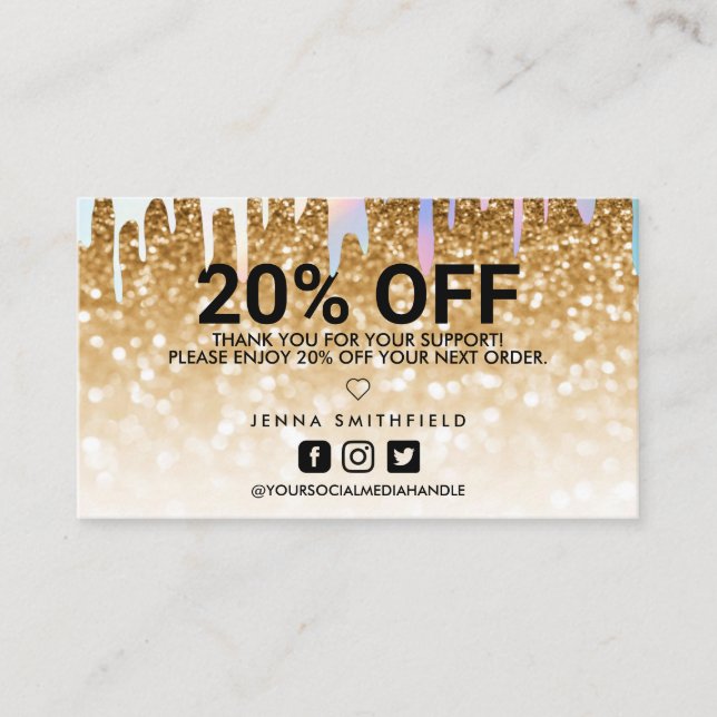 Gold Glitter Trendy Salon Holo Drip Thank You Business Card (Front)