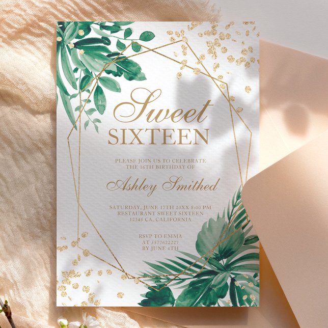 Gold glitter tropical green watercolor Sweet 16 Invitation (Creator Uploaded)