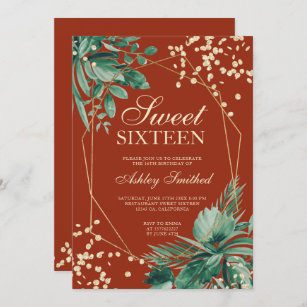 Gold glitter tropical watercolor brown Sweet 16 Invitation
