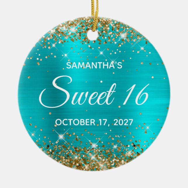 Gold Glitter Turquoise Blue Foil Sweet 16 Ceramic Tree Decoration (Front)
