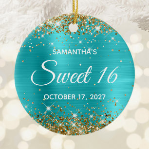 Gold Glitter Turquoise Blue Foil Sweet 16 Ceramic Tree Decoration