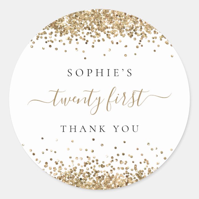 Gold Glitter Twenty First Birthday Thank You Classic Round Sticker (Front)
