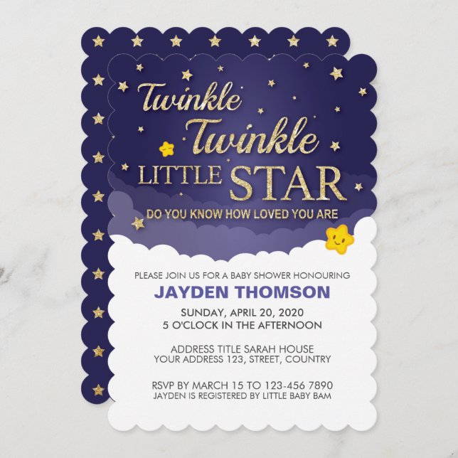 Gold Glitter Twinkle Little Star Baby Shower Invitation (Front/Back)
