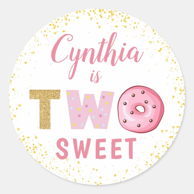 Gold Glitter Two Sweet Doughnut Girl 2nd Birthday Classic Round Sticker (Front)
