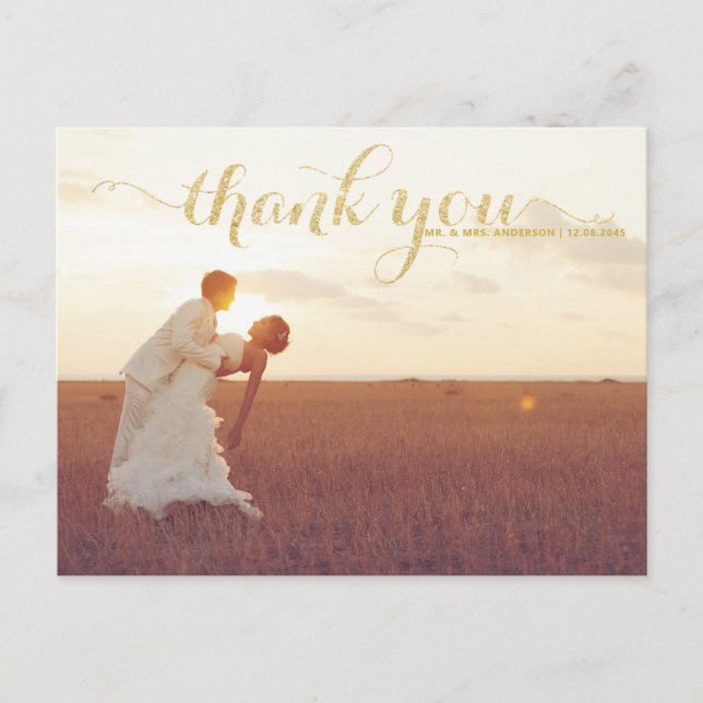 GOLD GLITTER TYPOGRAPHY WEDDING THANK YOU POSTCARD (Front)