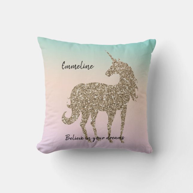 Gold Glitter Unicorn Aqua Peach Pink Ombre Tie Dye Cushion (Front)