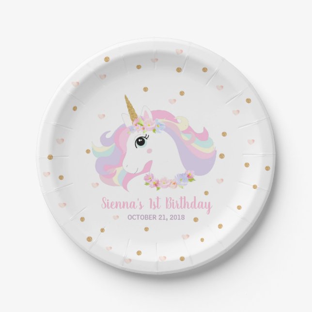 Gold Glitter Unicorn Birthday Party Paper Plates (Front)