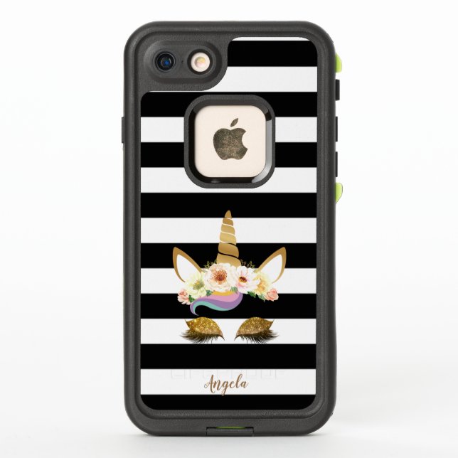 Gold Glitter Unicorn Floral Black White Stripes LifeProof iPhone Case (Back)