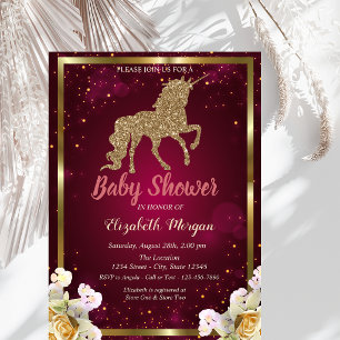 Gold Glitter Unicorn Floral Burgundy Baby Shower Invitation