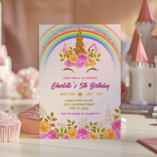 Gold Glitter Unicorn Floral Kids Birthday Invitation