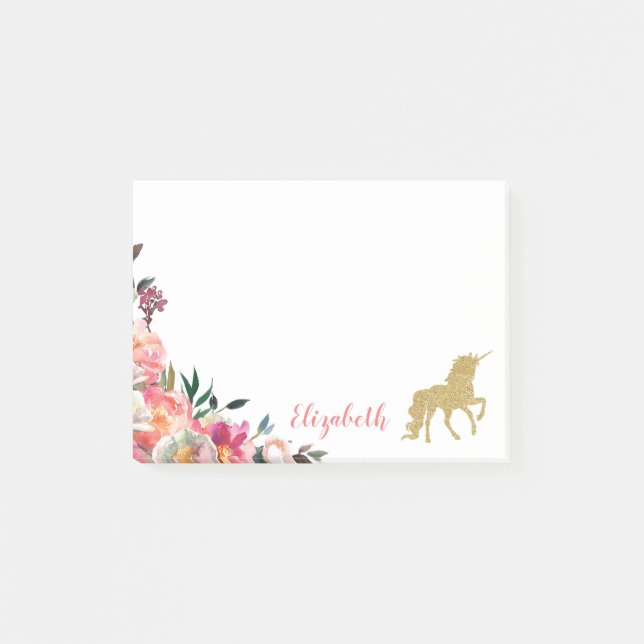 Gold Glitter Unicorn | Floral Personalised Name Post-it Notes (Front)