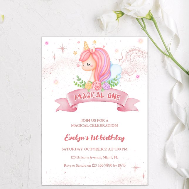 Gold Glitter Unicorn Magical One 1st Birthday  Invitation (Creator Uploaded)