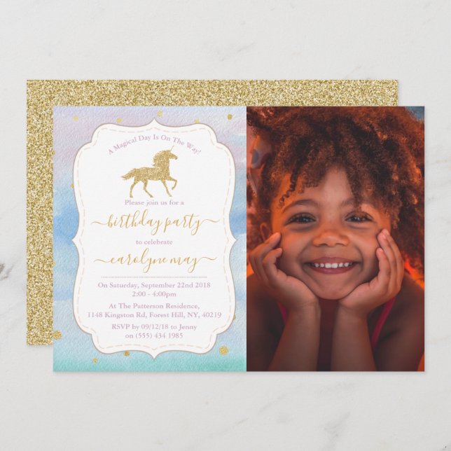 Gold Glitter Unicorn Photo Any Age Birthday Invitation (Front/Back)