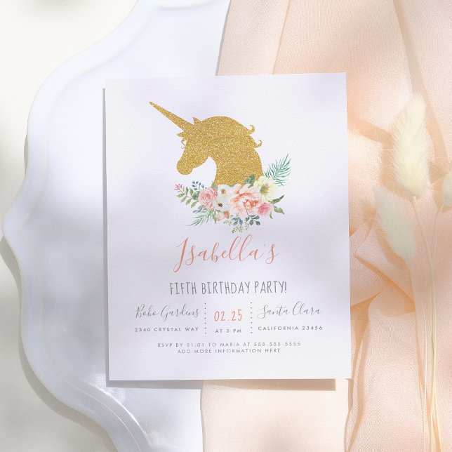 Gold Glitter Unicorn & Pink Flowers Birthday Party Invitation Postcard (Creator Uploaded)