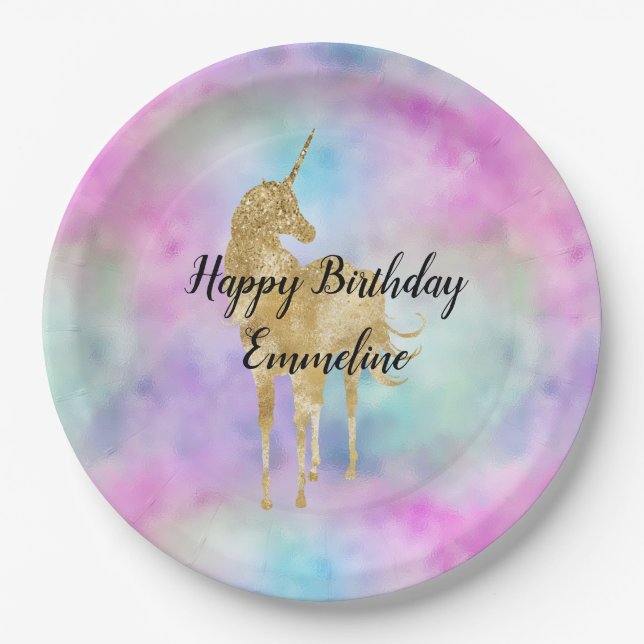 Gold Glitter Unicorn Purple Pink Aqua Blush      Paper Plate (Front)