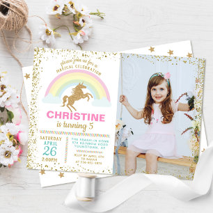 Gold Glitter Unicorn Rainbow Birthday Photo Invitation