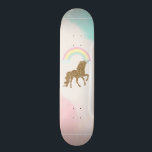 Gold Glitter Unicorn, Rainbow Skateboard<br><div class="desc">Cute gold glitter unicorn with rainbow.</div>