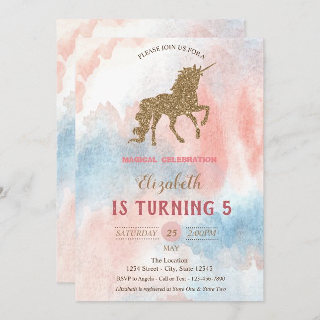Gold Glitter Unicorn, Watercolor Invitation (Front/Back)