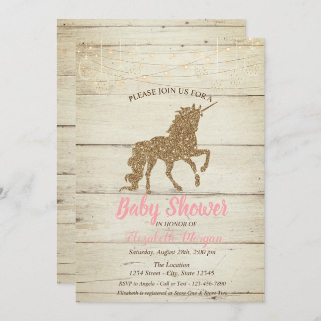 Gold Glitter Unicorn Wood Texture Baby Shower Invitation (Front/Back)
