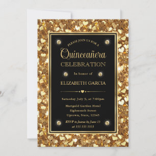 Gold Glitter Valentine Hearts Quinceanera Invitation