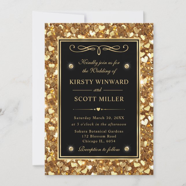 Gold Glitter Valentine Hearts Wedding Invitation (Front)