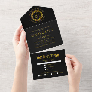 Gold glitter vintage wreath on black wedding all i in one invitation