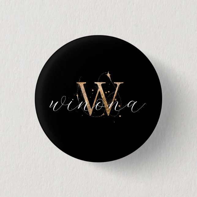 Gold Glitter W Initial Script Name Modern Elegant 3 Cm Round Badge (Front)