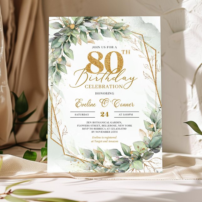 Gold glitter watercolor eucalyptus 80th birthday invitation (Delicate green eucalyptus and gold glitter number 80th birthday invitation digital
)