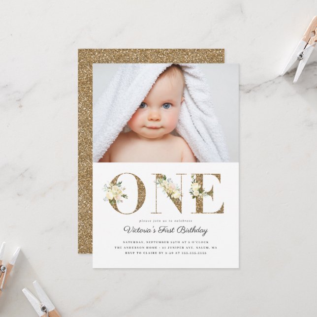 Gold Glitter Watercolor Floral Photo 1st Birthday Invitation (Front/Back In Situ)