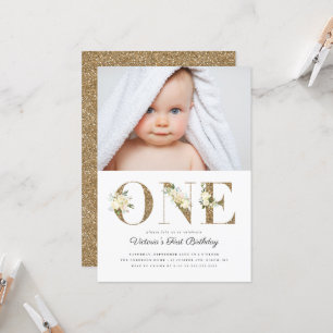 Gold Glitter Watercolor Floral Photo 1st Birthday Invitation