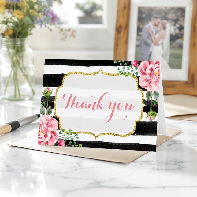 Gold Glitter Watercolor Floral Stripes Thank You Card (Creator Uploaded)