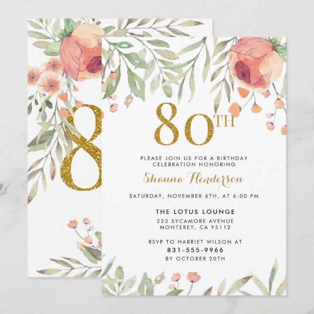 Gold Glitter & Watercolor Flowers 80th Birthday Invitation (Front/Back)