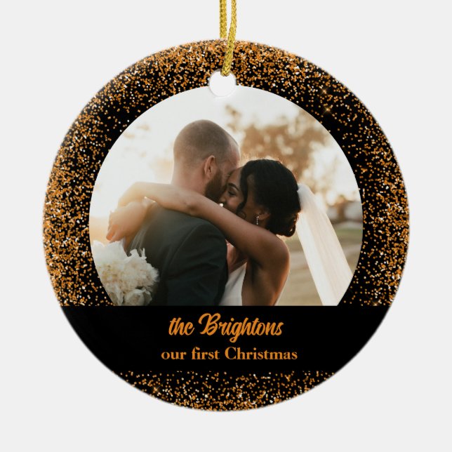 Gold Glitter Wedding Couple Photo Ceramic Ornament (Front)
