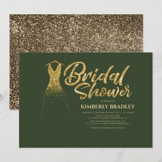 Gold Glitter Wedding Dress Green Bridal Shower Invitation (Front/Back)