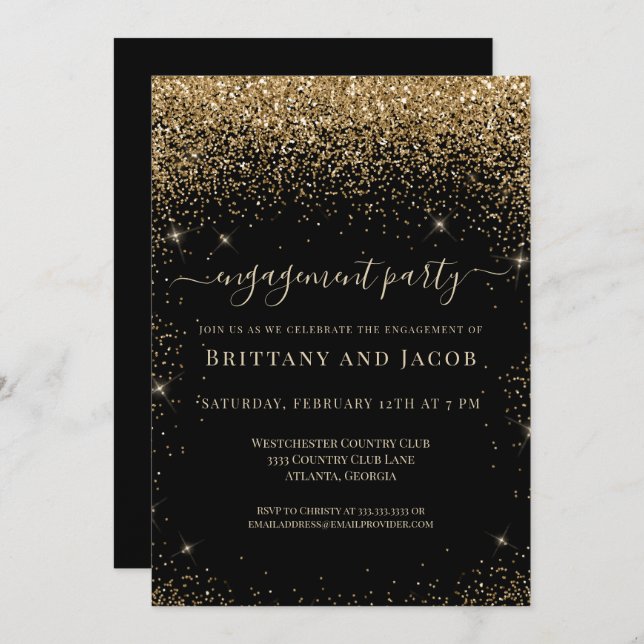 Gold Glitter Wedding Engagement Black Party  Invitation (Front/Back)