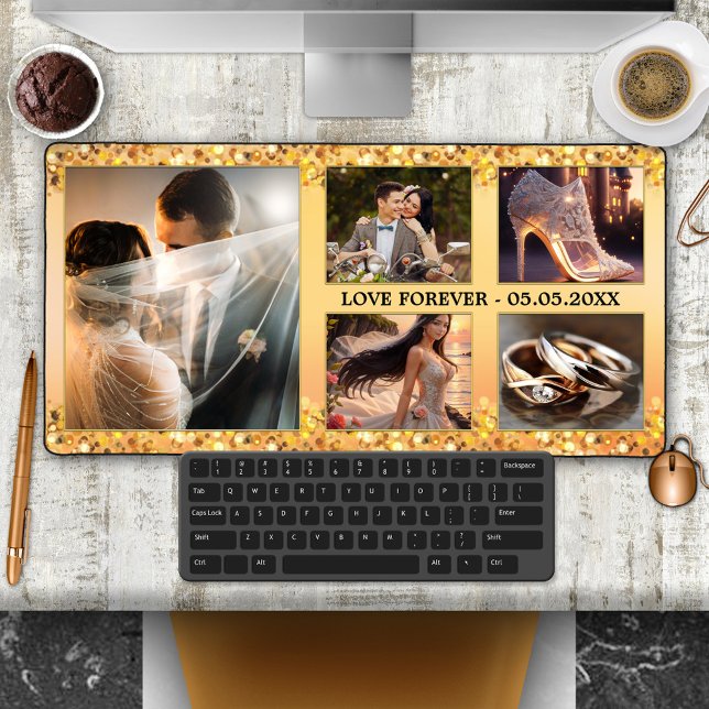 Gold Glitter Wedding Photo Collage Desk Mat (Wedding desk mat featuring a template for 5 of your own photos framed by a gold glitter design)