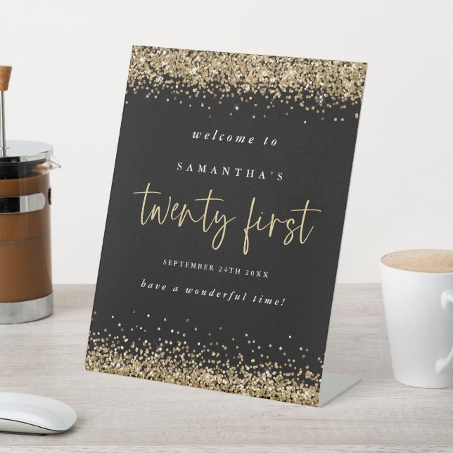 Gold Glitter Welcome Twenty First Party Black Pedestal Sign (In SItu)