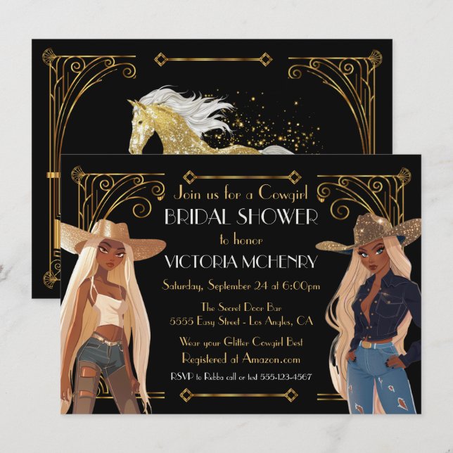 Gold Glitter Western Cowgirl Bridal Shower Invitation (Front/Back)