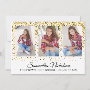 Gold Glitter White 4 Photo Graduation Announcement
