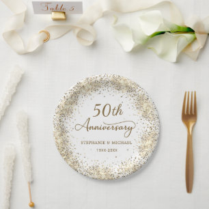 Gold Glitter White 50th Wedding Anniversary Paper Plate