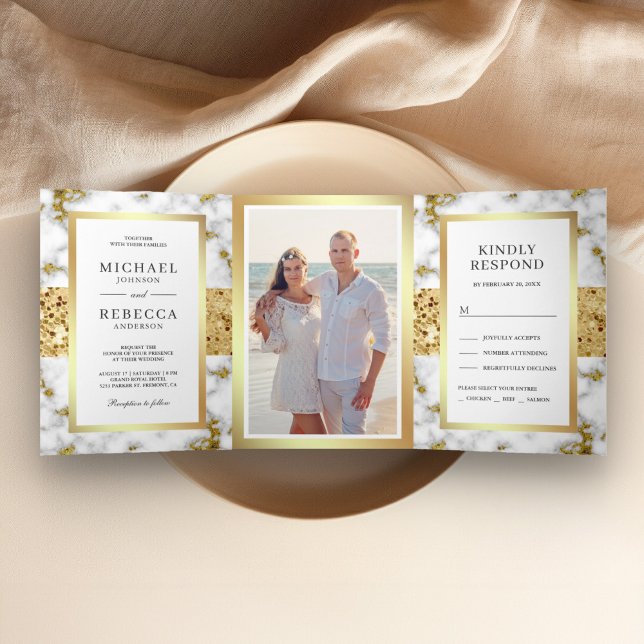 Gold Glitter White Grey Marble Photo Wedding Tri-Fold Invitation (Creator Uploaded)