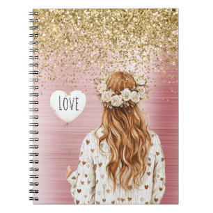 Gold Glitter White Hearts Balloon Red Head Female Notebook