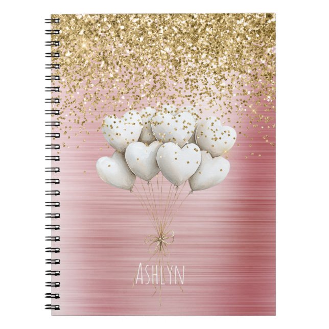 Gold Glitter White Hearts Balloons Notebook (Front)